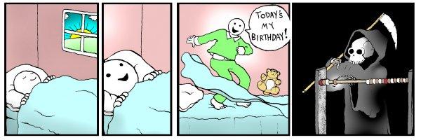 A child jumps out of bed shouting "Today's my birthday!"; the grim reaper moves a bead along a rod, there are three beads left on the starting side
