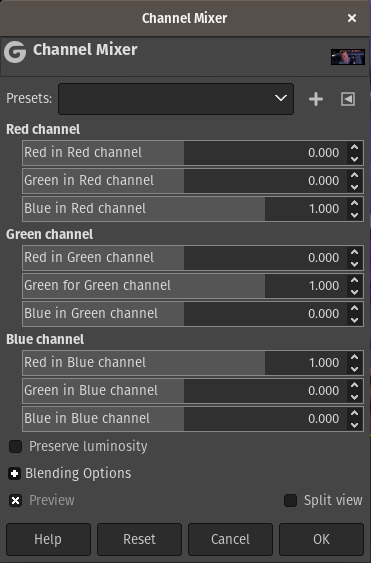 GIMP color channel mixer settings for my splash screen image
