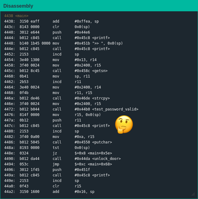 A screenshot of the disassembly of the main function with a thinking face emoji beside the call to printf; it took more effort to put that emoji in this image than I want to admit