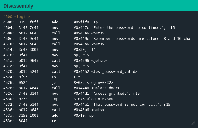 A screenshot of the disassembly of the login function