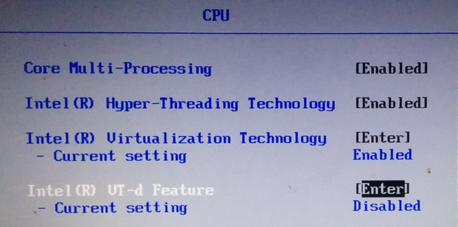 Lenovo X201 BIOS showing Intel VT-d disabled
