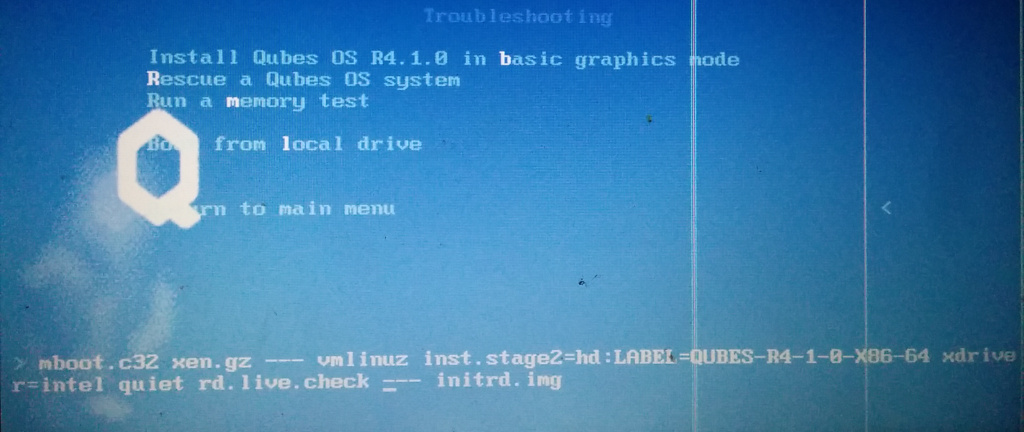 Qubes boot screen showing modified boot settings