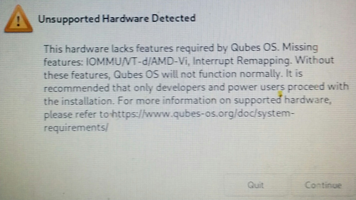 Warning from Qubes installer over lack of VT-d