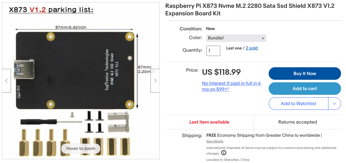 An eBay listing of an X873 NVMe adapter hat; the price is $119 with free shipping